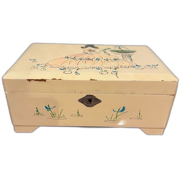 Vintage Jewelry Music Box & Key Mirrored w/ Blue Fabric Hand Painted Party Dress - Picture 3 of 5